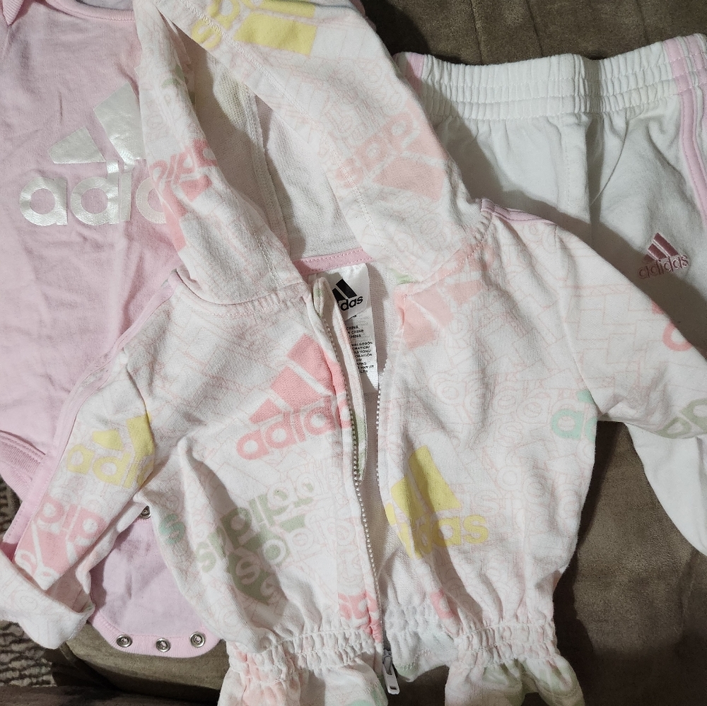 Adidas 3 piece track suite set, size 3 months, Adidas superstar crib shoes 2K